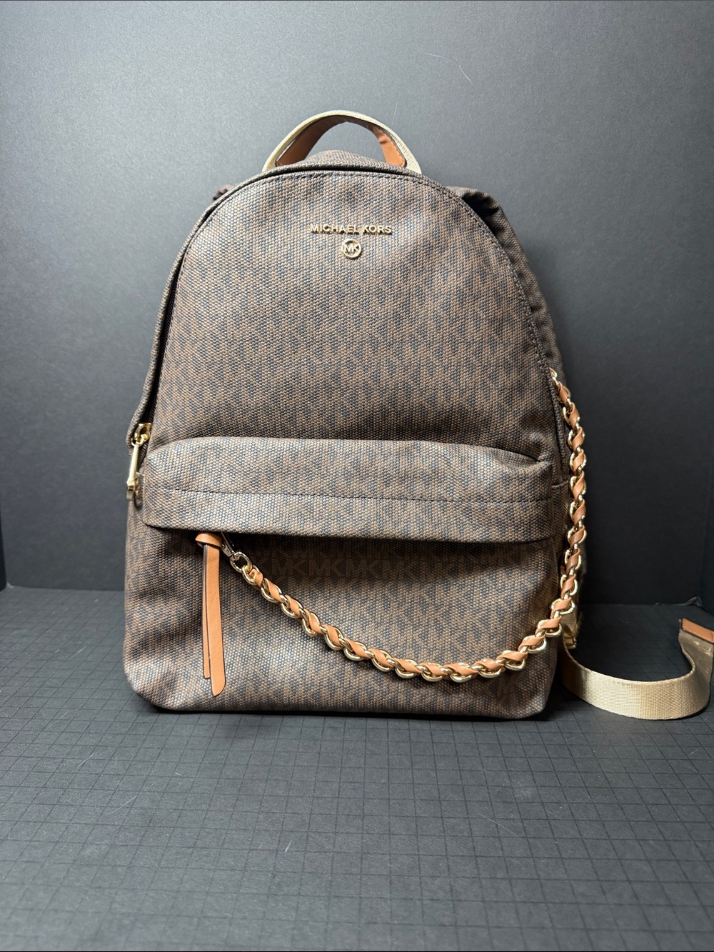 Michael Kors Brown Monogram Backpack with Gold Chain Strap